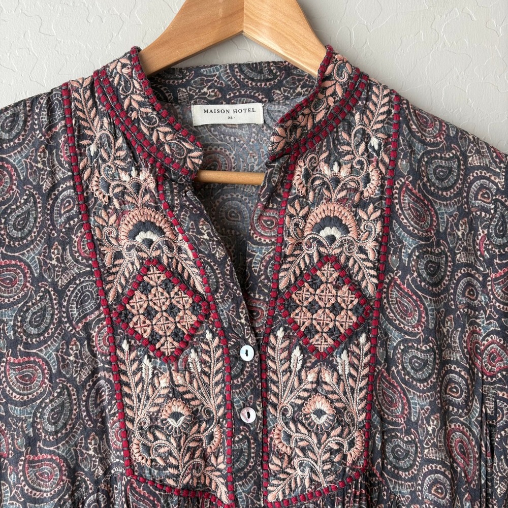 Maison Hotel Embroidered Paisley Tiered Midi Dress Long Sleeve Size XS - Picture 4 of 10